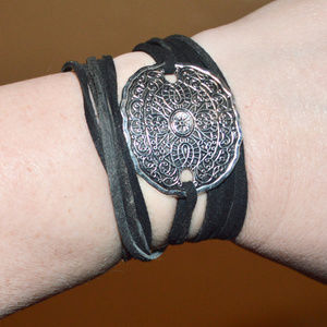Tie Wrap Etched Silver Bracelet Cuff Yoga Boho Biker Vegan Faux Leather
